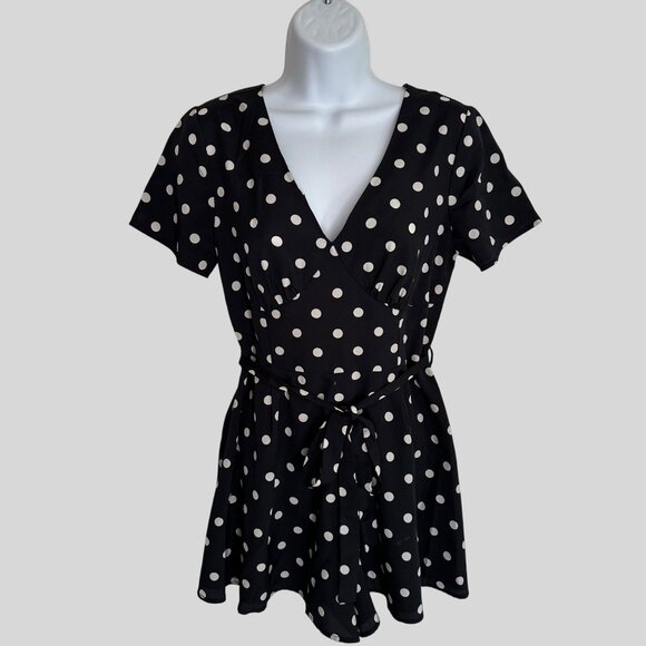 Forever 21 Black & White Polka Dot Short-Sleeve Romper With V-Neck & Tie Waist - Picture 1 of 8